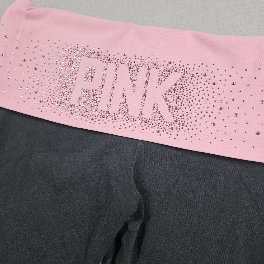 Y2K Victoria's Secret Pink Fold Over Yoga Pants Medium Bling Flare Sequin - Picture 3 of 16